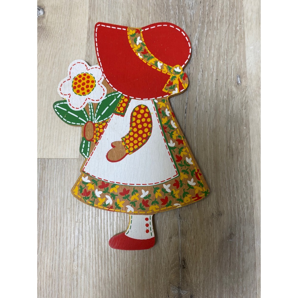 Vintage 70s Holly Hobbie Hallmark Wooden Wall Plaque Red Bonnet Girl Grannycore